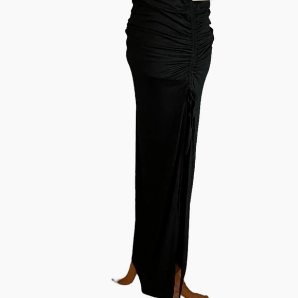 Superdown Black Ruched Maxi Skirt LARGE High Side Slits Revolve Domique $92 NEW - Picture 6 of 12